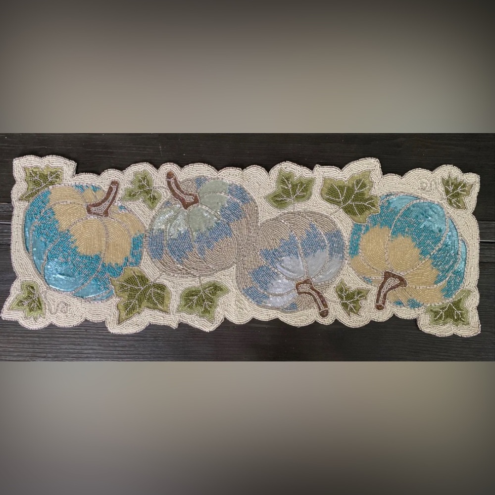 Rachel Zoe 13x36” Fall Autumn Thanksgiving Beaded Table Runner Ivory Teal Silver